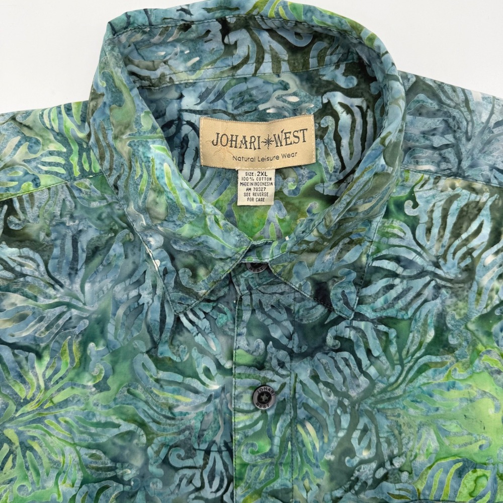 Johari West Button Down Shirt Mens 2XL Green Blue Tropical Batik Cotton Aloha